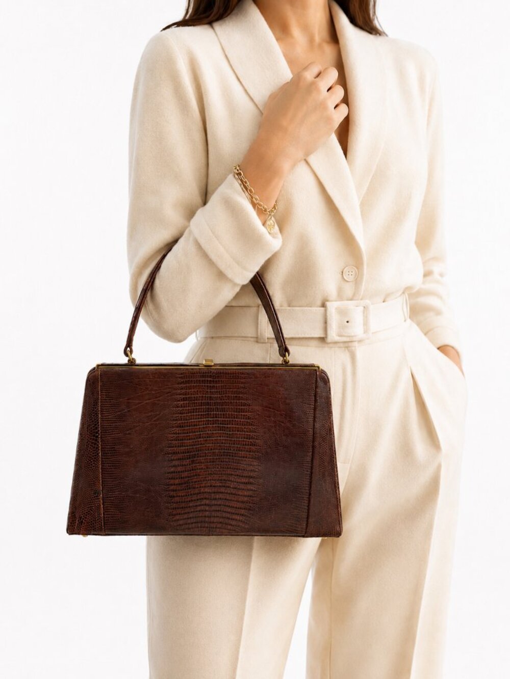 Vintage Escort Brown Lizard Skin Handbag 50s 60s Large Frame Bag